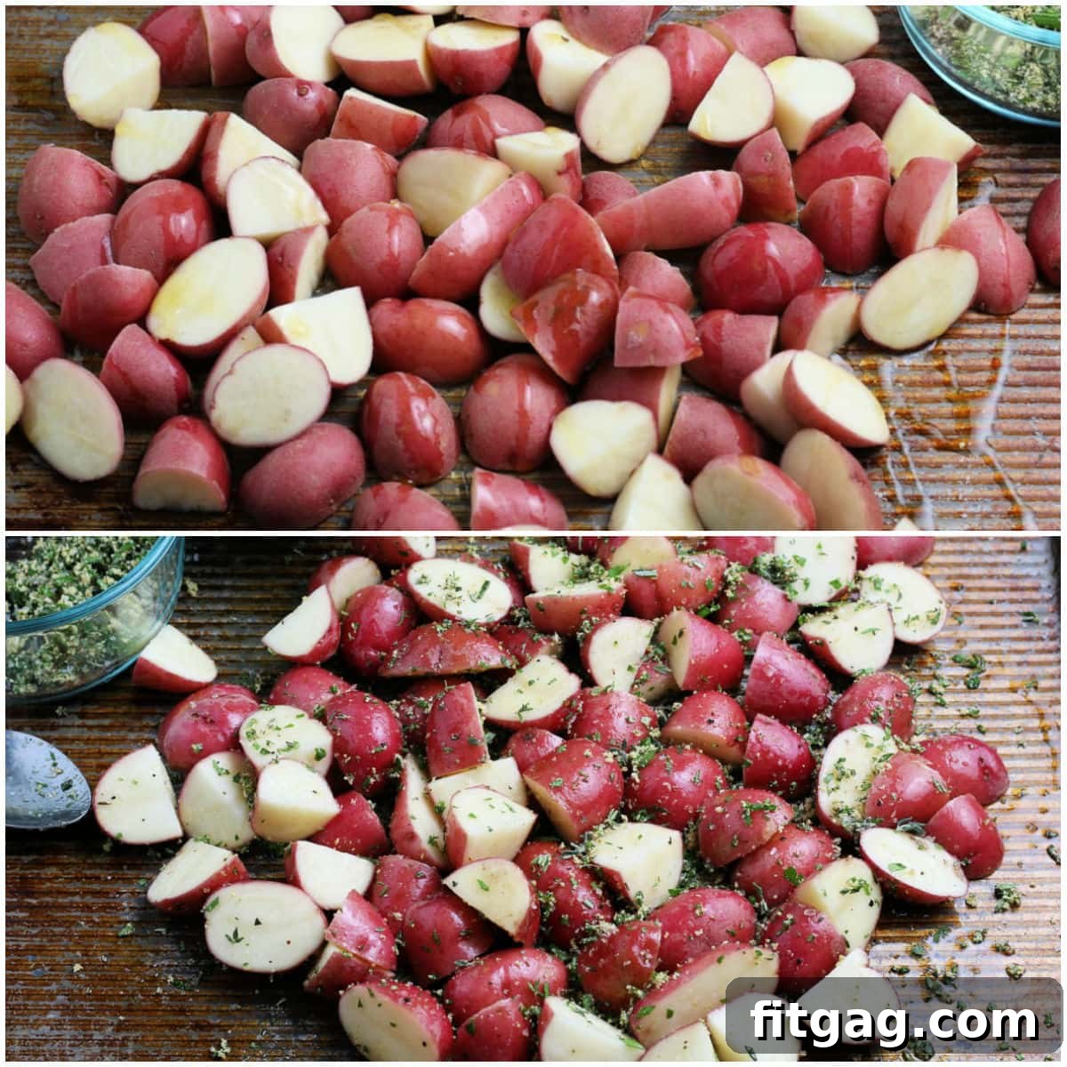 2 image collage showing olive oil being drizzled over potatoes and then herbs and seasoning being mixed in