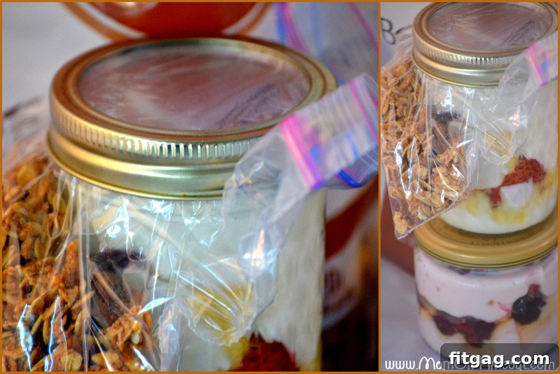 Three prepared honey vanilla parfaits in jars, stored in the refrigerator for the next morning