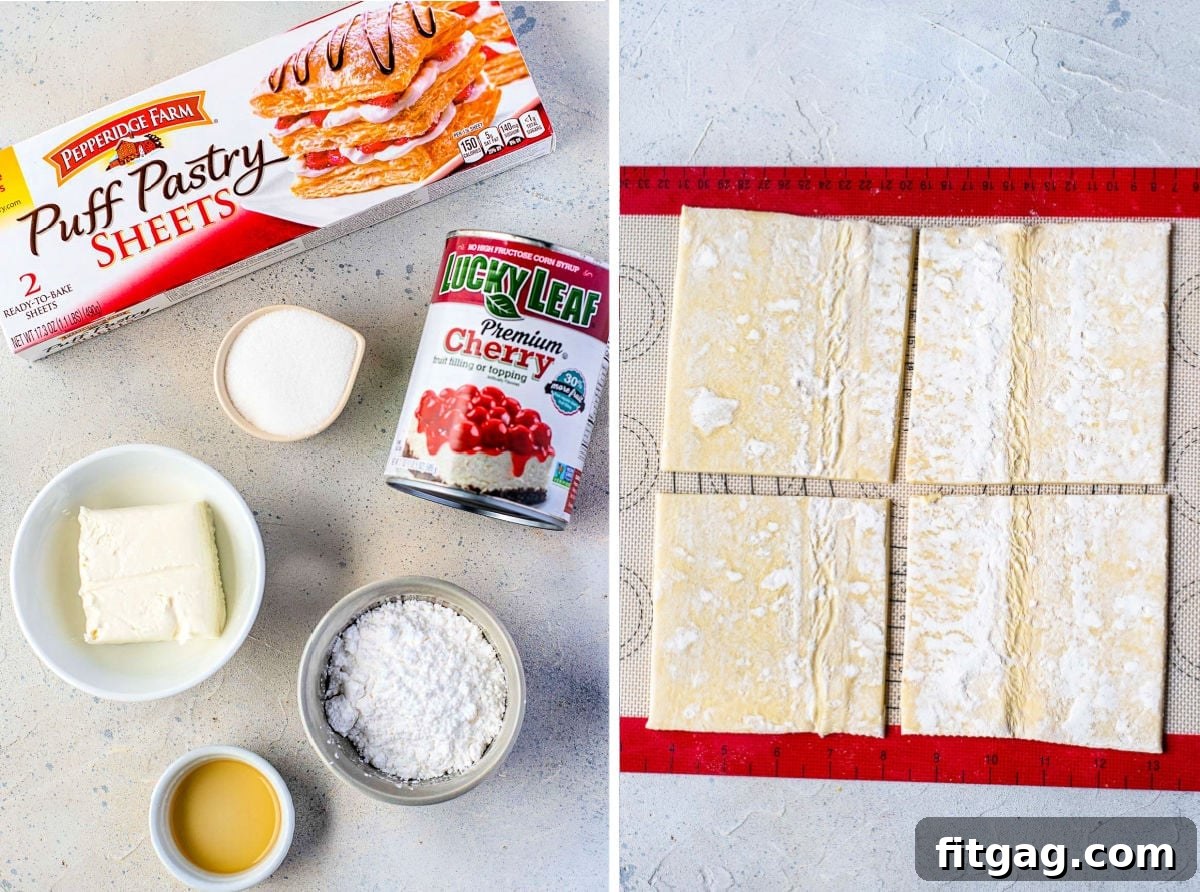 2 image collage with danish ingredients on left side and puff pastry cut out on right side