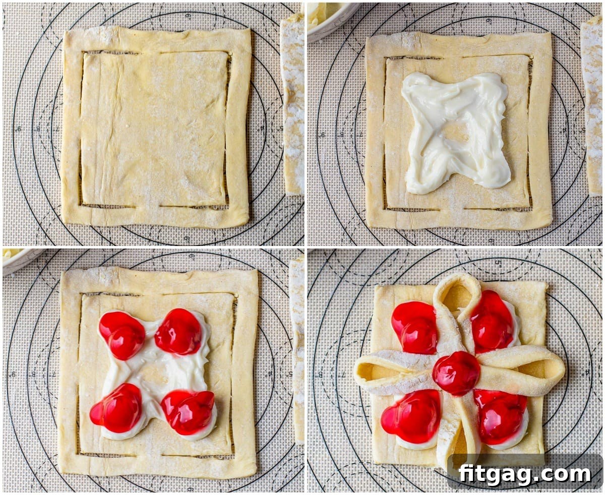 cherry cheese danish 4 image collage of how to cut and fold the danish