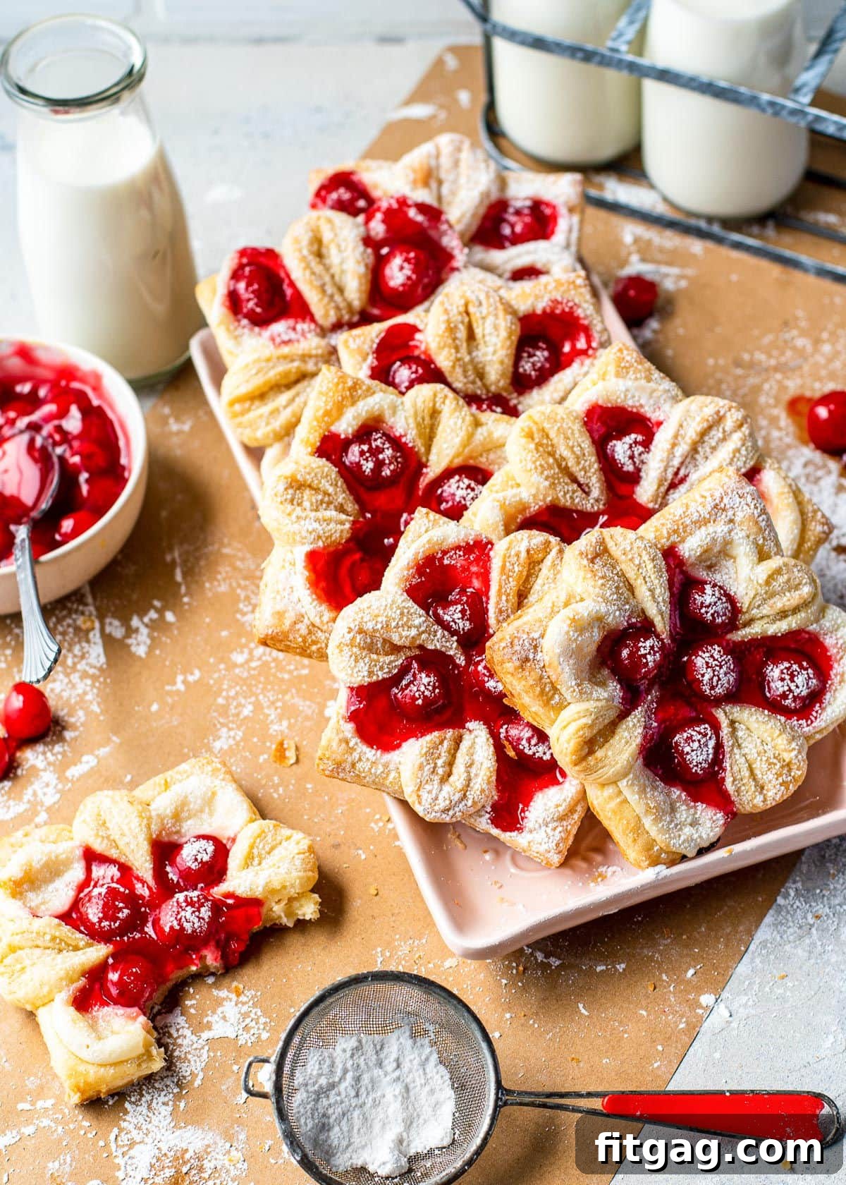 top down view of all of the cheese danishes with cherries on a tray and with powdered sugar