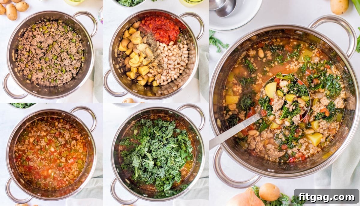 Step-by-step collage showing the process of making sausage kale soup, from browning sausage to adding kale.