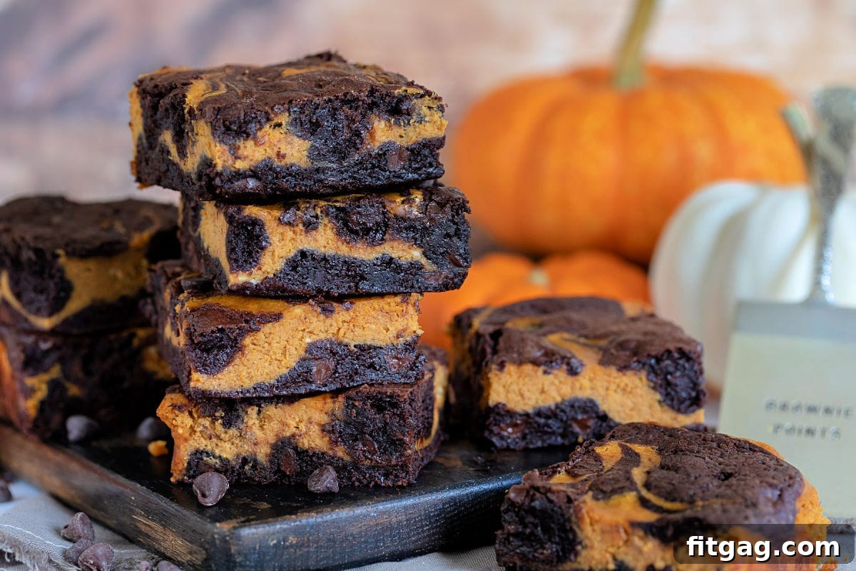 Wide shot of pumpkin cheesecake brownies on a dark board with pumpkins in the background.
