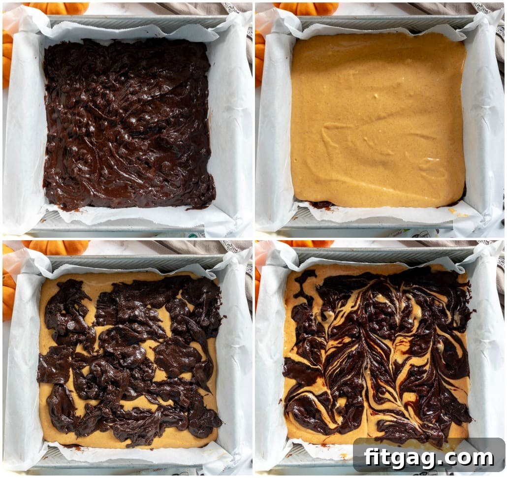 Four-image collage showing the process of making pumpkin brownies: brownie layer, cheesecake layer, more brownie batter, and then the top swirled.