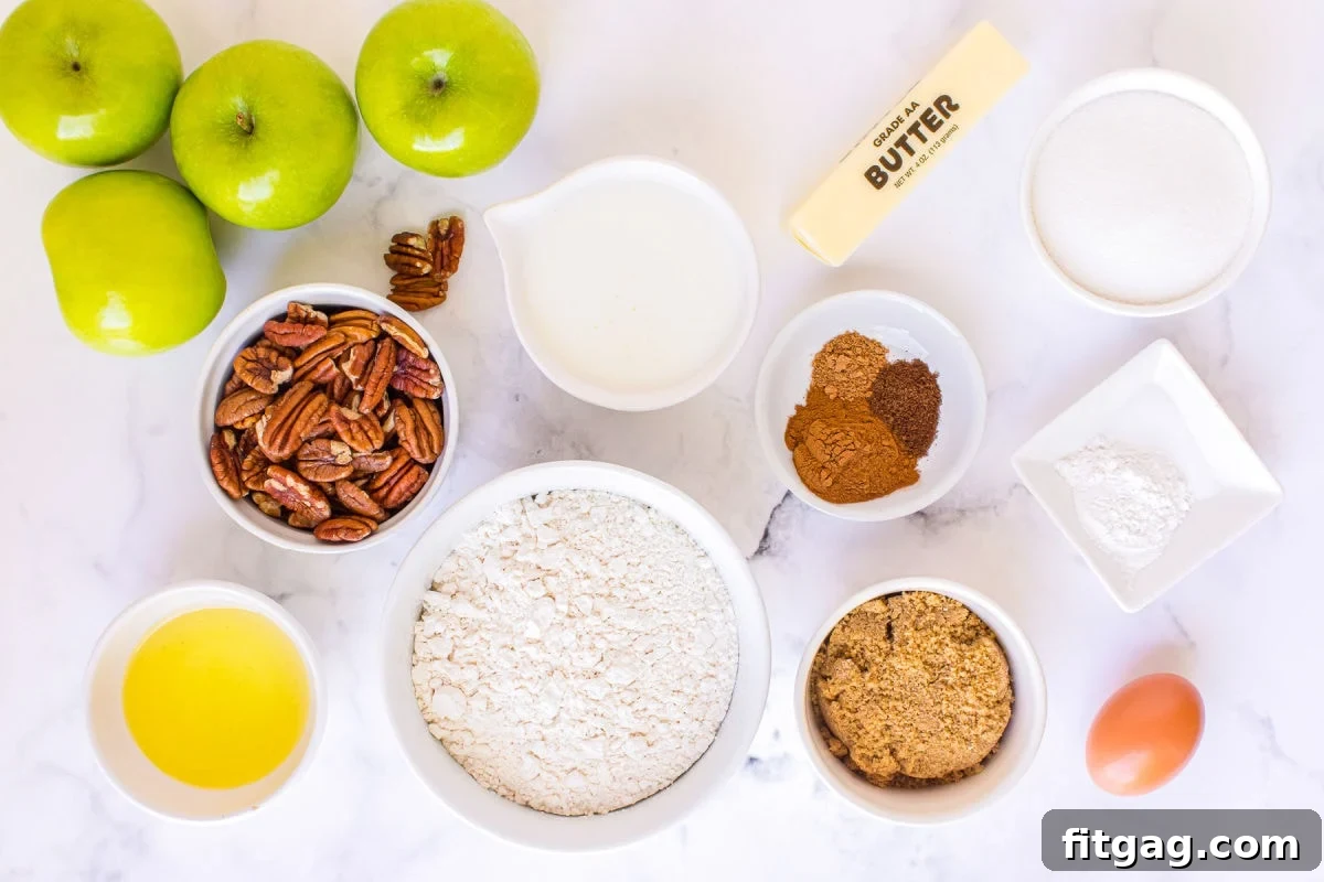 A collection of apple muffin ingredients, including flour, sugars, spices, and chopped apples, meticulously measured into small bowls on a clean white surface, ready for mixing.
