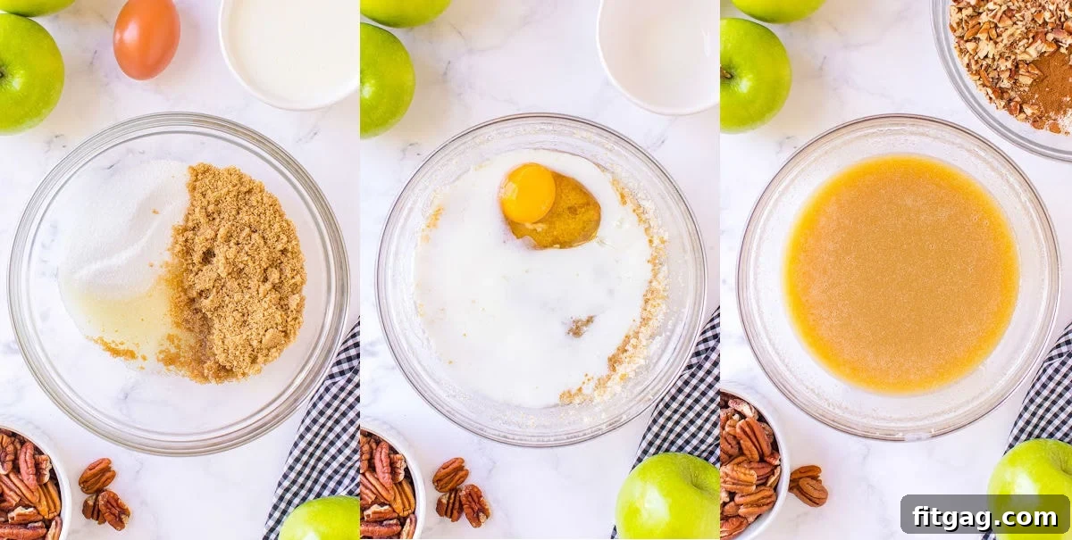 A three-image collage showing the process of mixing wet ingredients for apple muffins in a glass bowl.