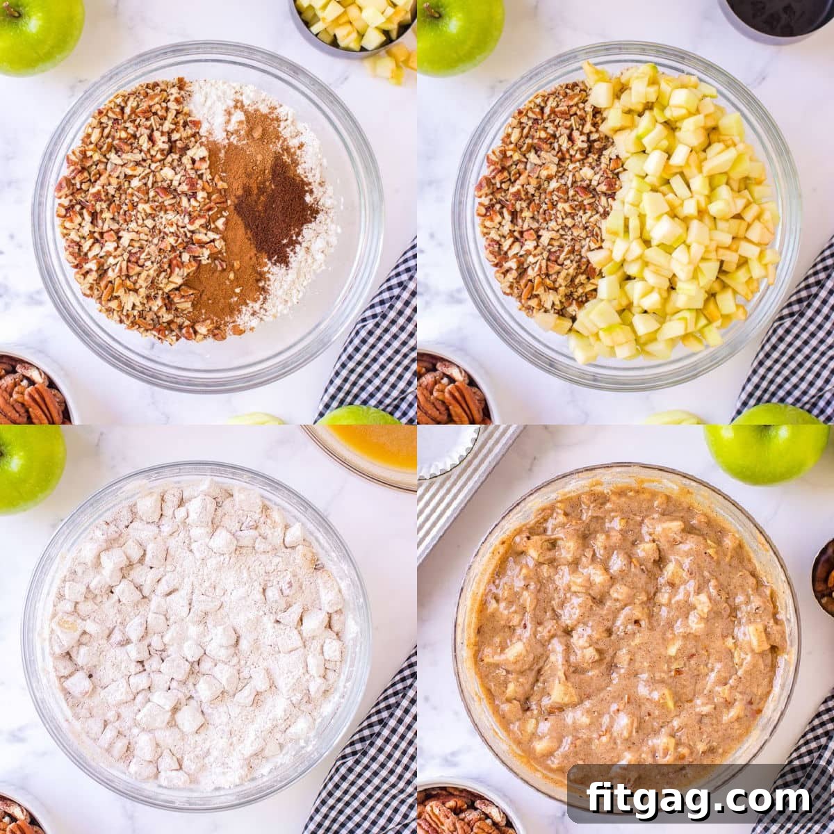 A four-image collage demonstrating the process of mixing the apple muffin recipe batter together in a glass bowl.