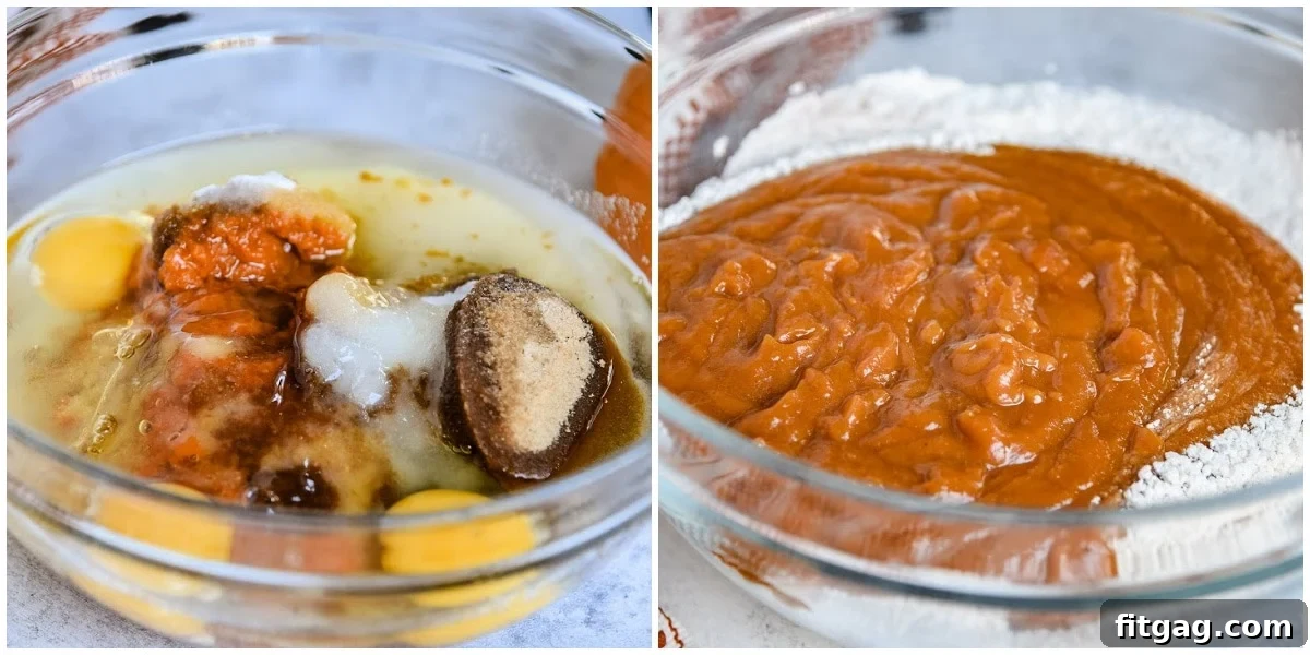two image collage of pumpkin bread batter being mixed together in glass bowl