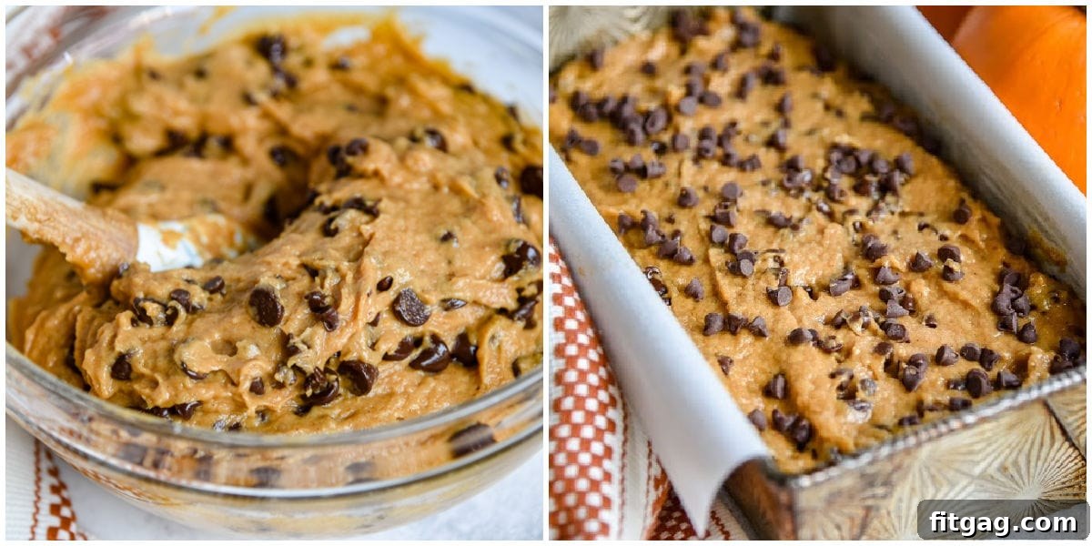 two image collage of ready pumpkin bread batter and the batter poured into prepared bread pan