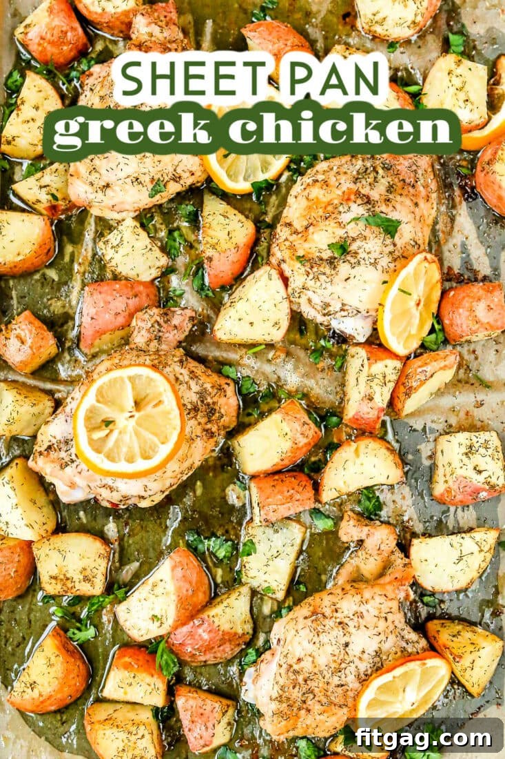greek chicken prepared on sheet pan with lemons potatoes and parsley as well as a title overlay at top of image