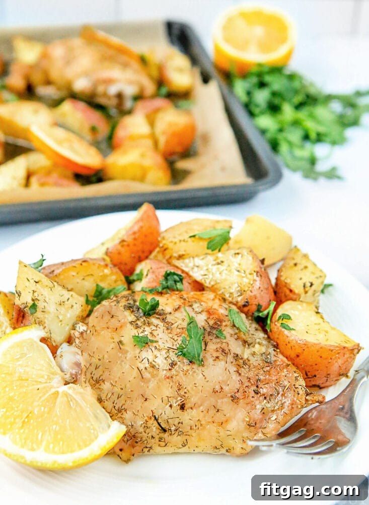 A beautifully plated serving of Greek chicken and roasted potatoes, garnished with fresh parsley and a lemon wedge, ready to be enjoyed.