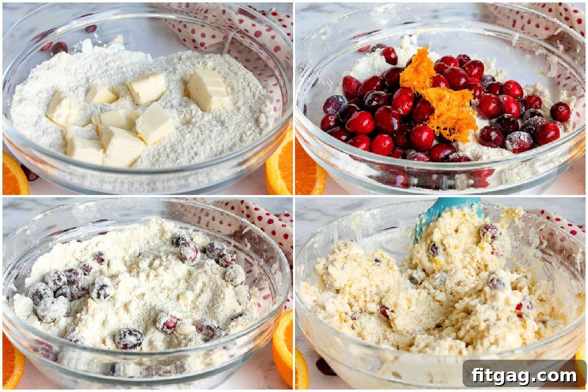 Zesty Cranberry Orange Scones 7 how to make cranberry orange scones in a 4 step collage showing the dough being mixed together