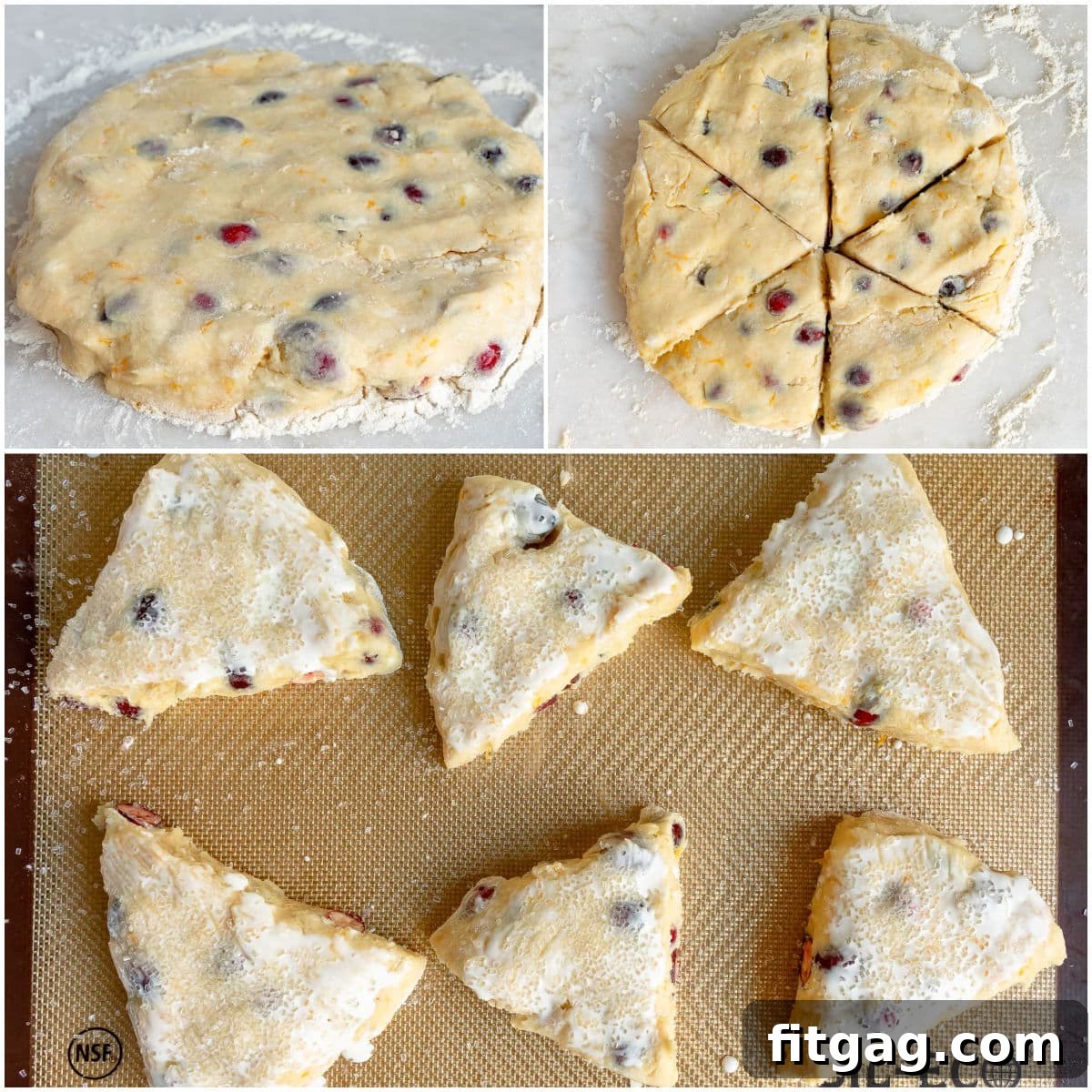 Zesty Cranberry Orange Scones 8 how to make cranberry orange scones with a three image collage showing scones being cut and place on baking sheet