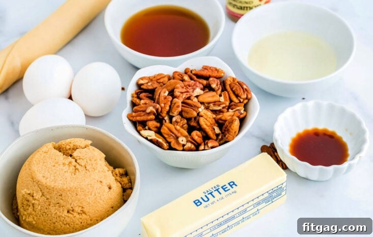 Decadent Maple Pecan Pie 4 All the necessary ingredients for Maple Pecan Pie, meticulously measured and displayed in small bowls on a kitchen counter, ready for preparation.