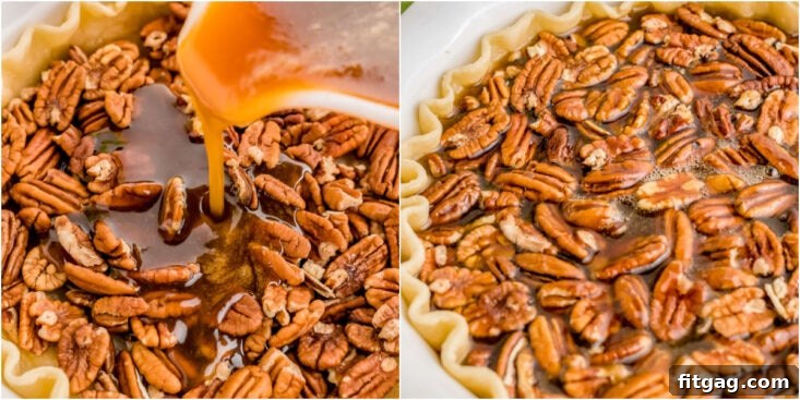 Decadent Maple Pecan Pie 7 A two-image collage illustrating the assembly of the pie: rich maple filling being poured over the pecans in the crust, and the fully assembled pie sitting ready to go into the oven.