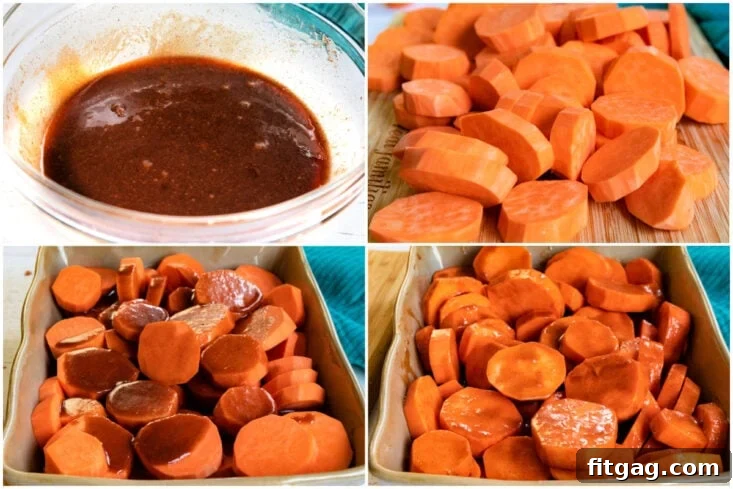 Freshly baked candied sweet potatoes, glowing with a sweet glaze, cooling in a baking dish after being removed from the oven.