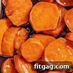 close up of candied yams in baking dish top down view