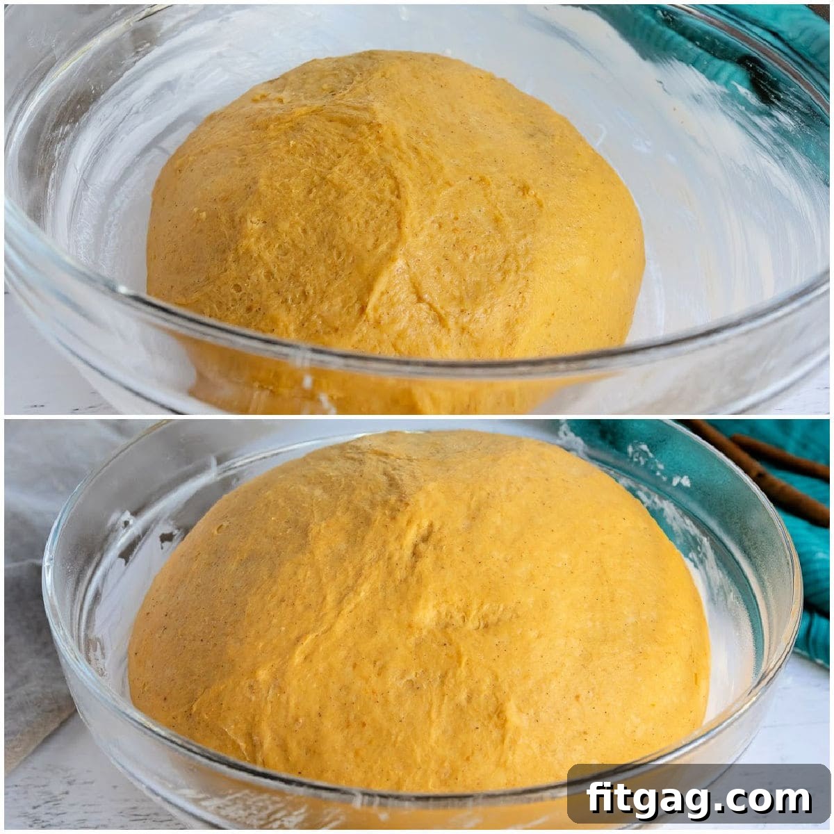 two image collage of dough rising in clear bowl