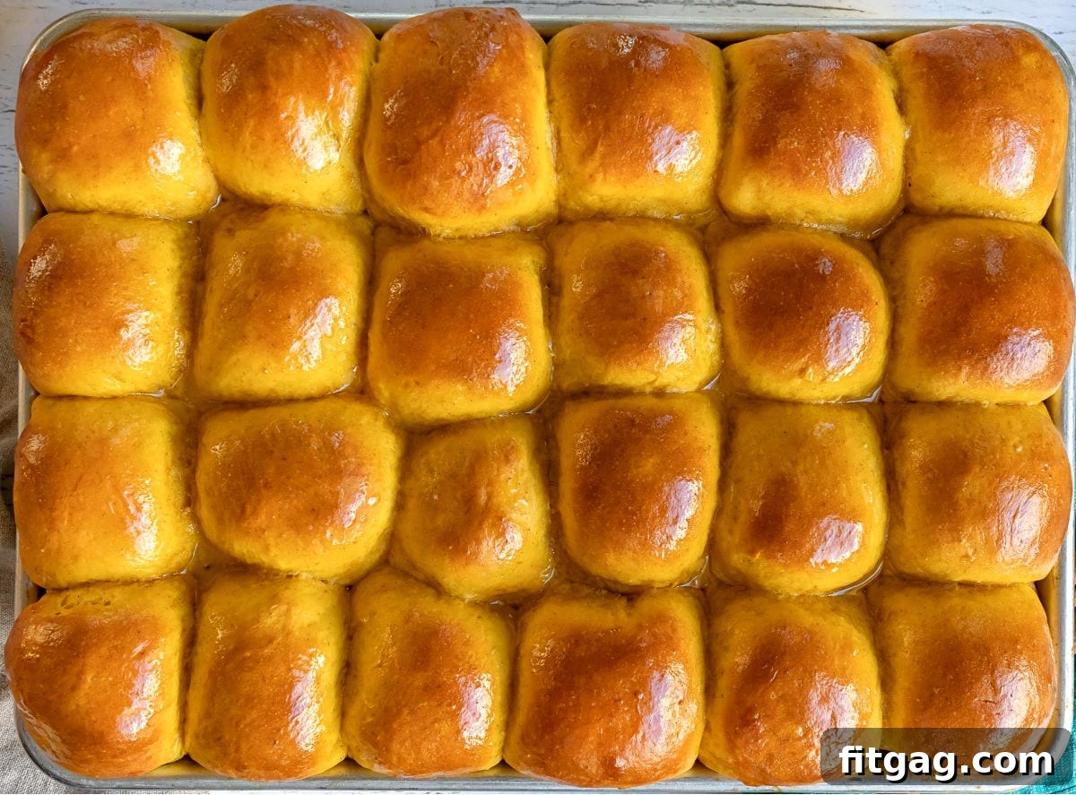 pumpkin rolls baked in sheet pan and brushed with butter