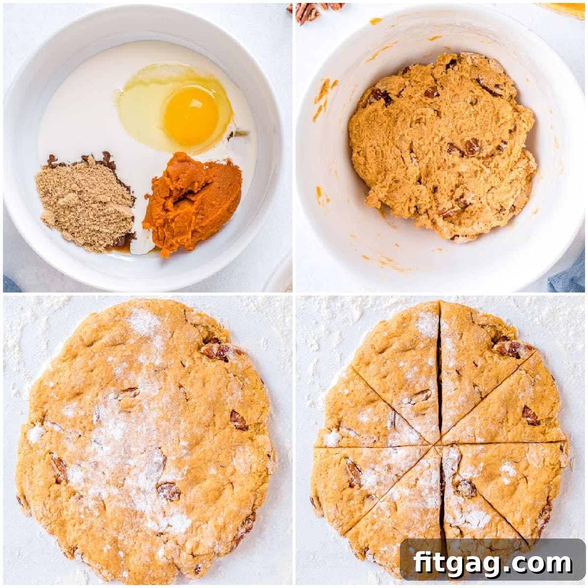 A four-image collage demonstrating the step-by-step preparation of pumpkin scones, from mixing the dough to cutting out wedges.