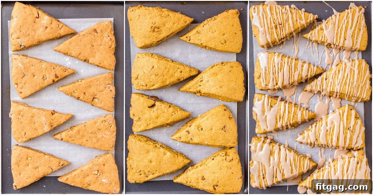 A three-image collage illustrating the process of making pumpkin scones: unbaked dough wedges on a baking sheet, baked golden scones, and finally, glazed scones ready to serve.