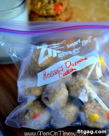 Freezer Storage for Reese's Oatmeal Cookies Frozen Reese's Oatmeal Cookie Dough balls in a ziploc bag, ready for long-term storage