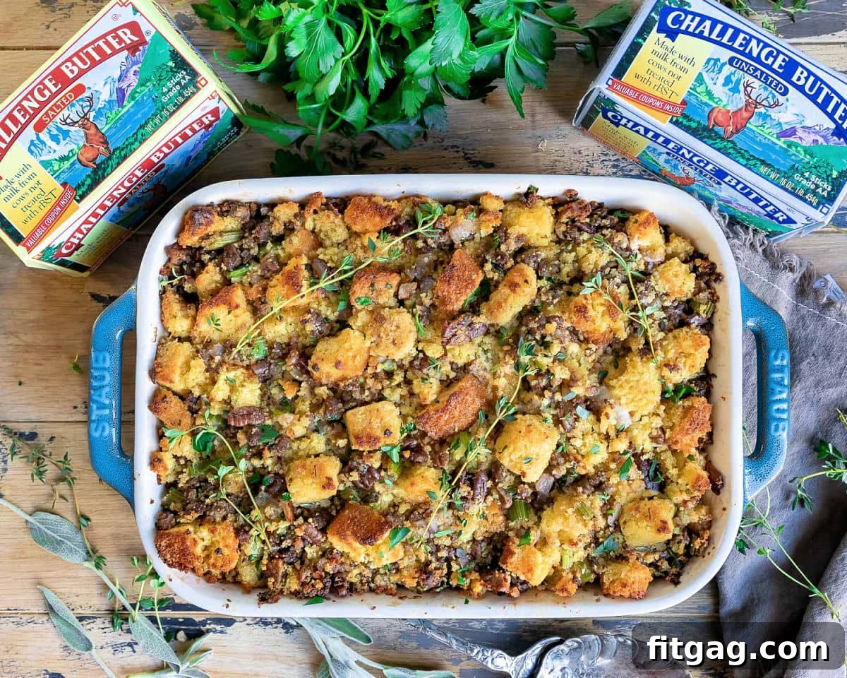 Ultimate Cornbread Dressing 6 An overhead view of a freshly baked cornbread stuffing in a casserole dish, accompanied by Challenge Butter boxes. This recipe highlights the use of quality butter for a rich, savory, and perfectly moist Thanksgiving side dish, garnished with fresh herbs.