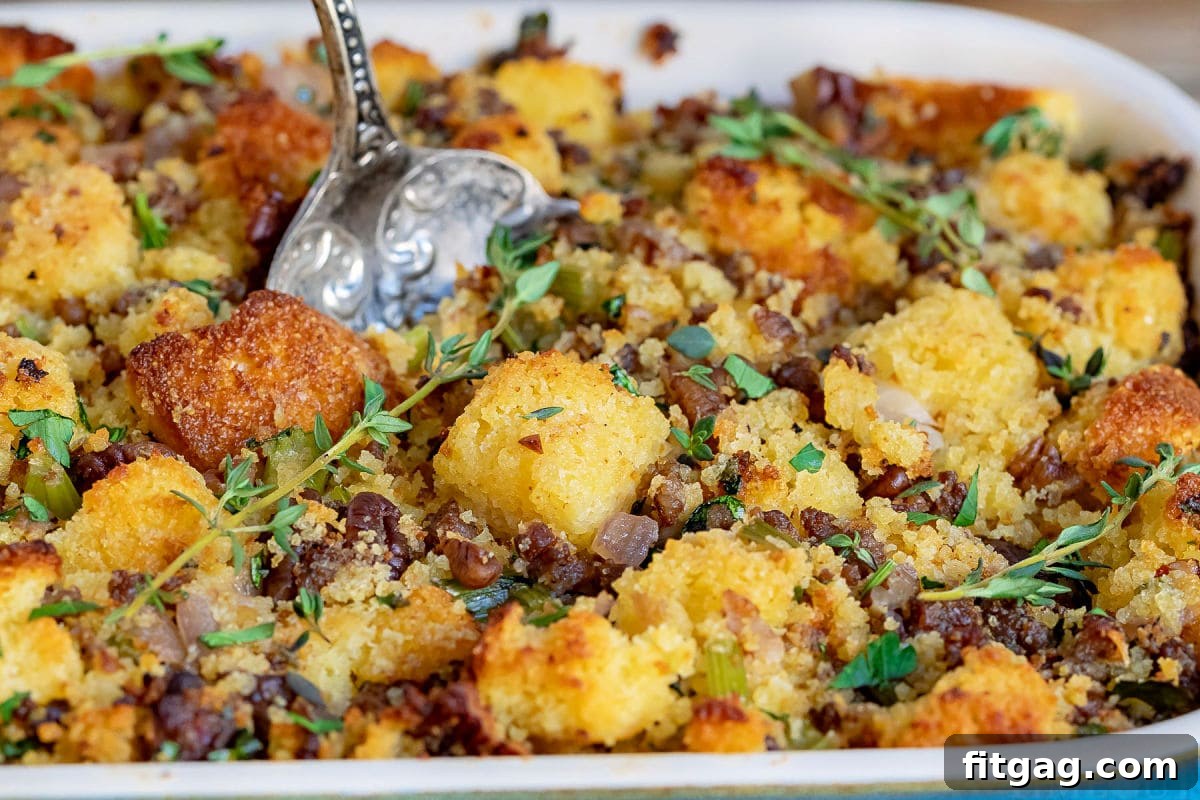 Ultimate Cornbread Dressing 8 A close-up view of golden-brown cornbread stuffing in a casserole dish, with an antique spoon poised to scoop out a serving. This savory, buttery cornbread dressing, featuring fresh herbs, onions, celery, and optional sausage, is a comforting Thanksgiving classic.