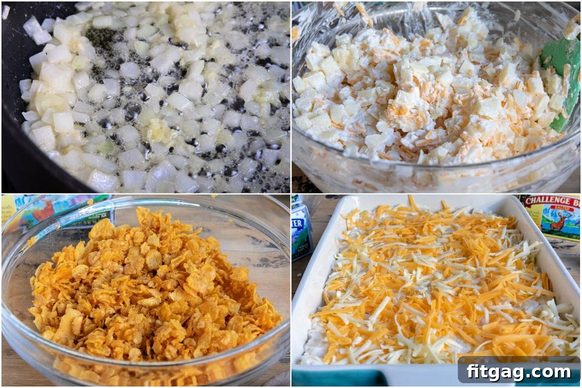 A four-image collage illustrating the key stages of preparing funeral potatoes: combining potatoes and cheese, making the creamy sauce, mixing the ingredients, and topping the casserole before baking.