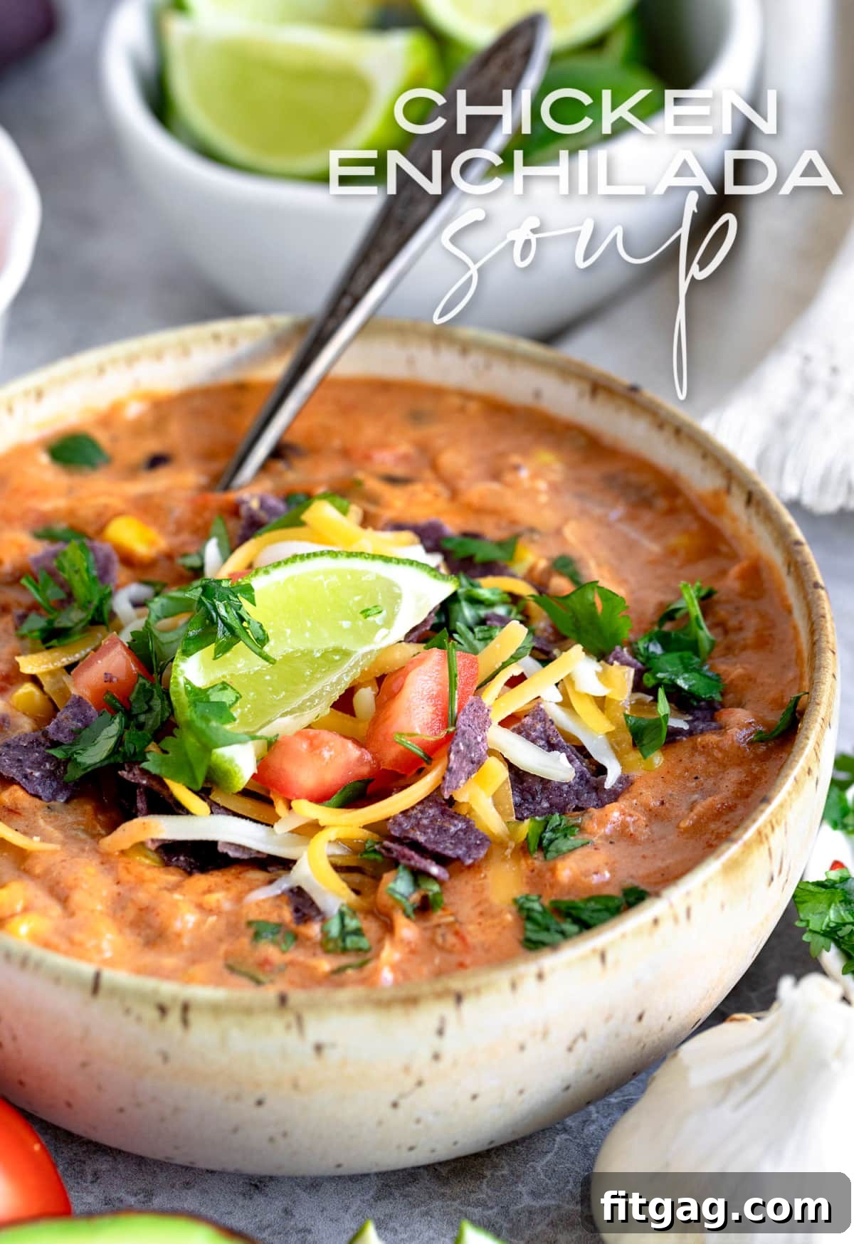 Chicken Enchilada Soup in a rustic bowl, garnished with cilantro, lime, tomatoes, and cheese, with a title overlay.