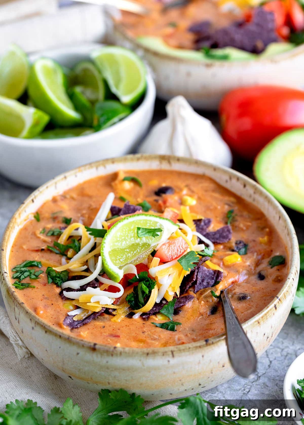 Close-up of Chicken Enchilada Soup in a pottery bowl with a spoon, garnished with fresh cilantro, lime, diced tomatoes, and shredded cheese.