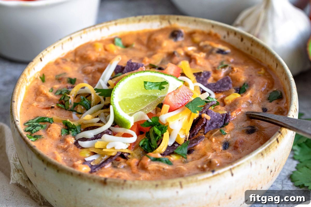A close-up shot of chicken enchilada soup in a bowl, topped with fresh cilantro and a lime wedge, highlighting the rich texture and vibrant colors.