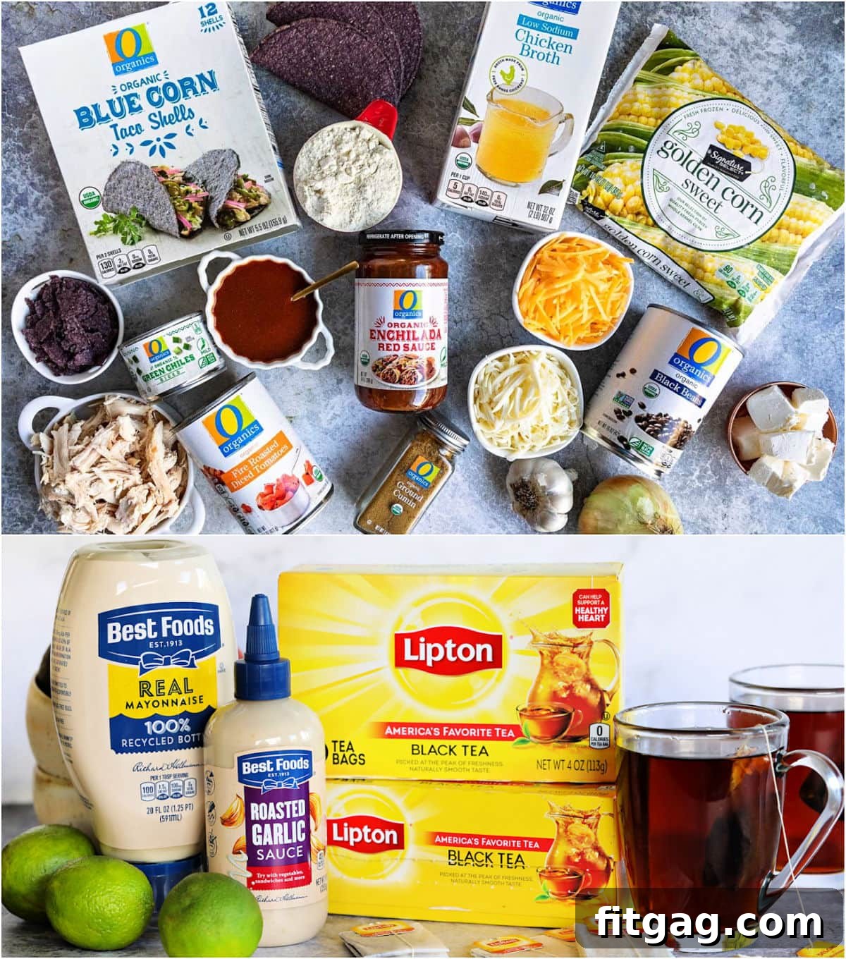 A red box filled with various Safeway branded products, including O Organics and Signature SELECT items, on a wooden surface.