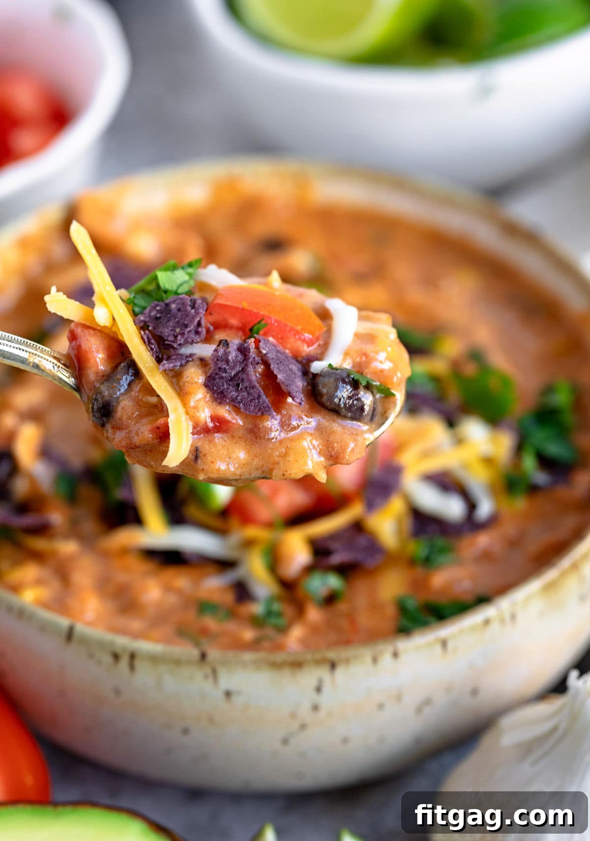 A close-up of a spoonful of chicken enchilada soup, with a blurred bowl of soup and toppings in the background.