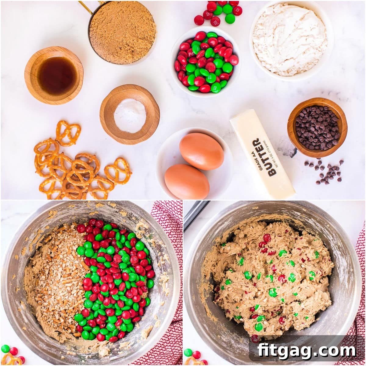 Magical Reindeer Cookie Bars 5 A collage displaying individual ingredients for the reindeer pretzel cookie bars, alongside two images showing the cookie dough being mixed to perfect consistency in a bowl.