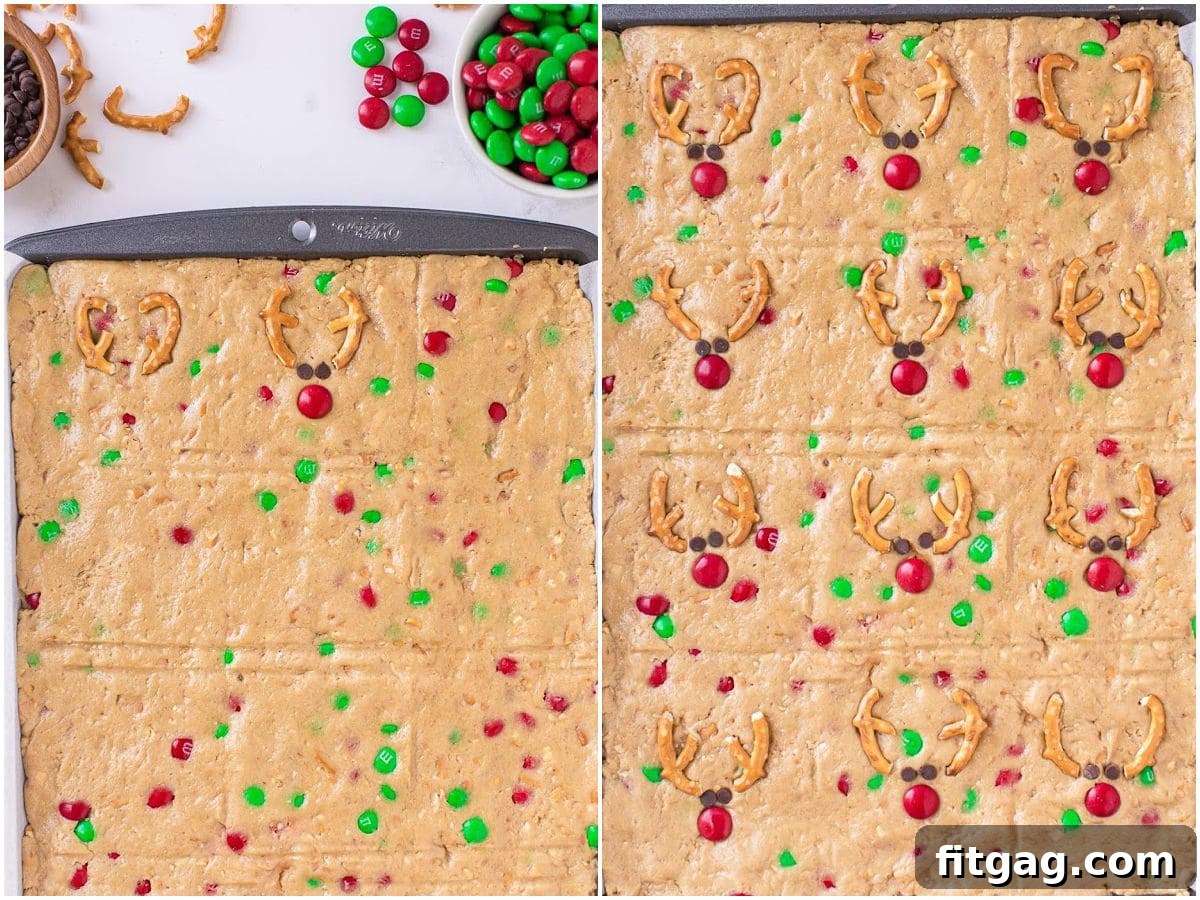 Magical Reindeer Cookie Bars 6 A two-image collage illustrating the process of decorating Reindeer Cookie Bars by placing pretzel antlers, M&M noses, and mini chocolate chip eyes onto the unbaked dough in a sheet pan.