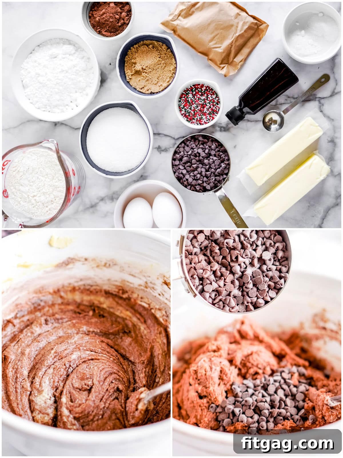A three-image collage showing the process of making chocolate cookies: ingredients laid out, dough being mixed, and finished cookies.