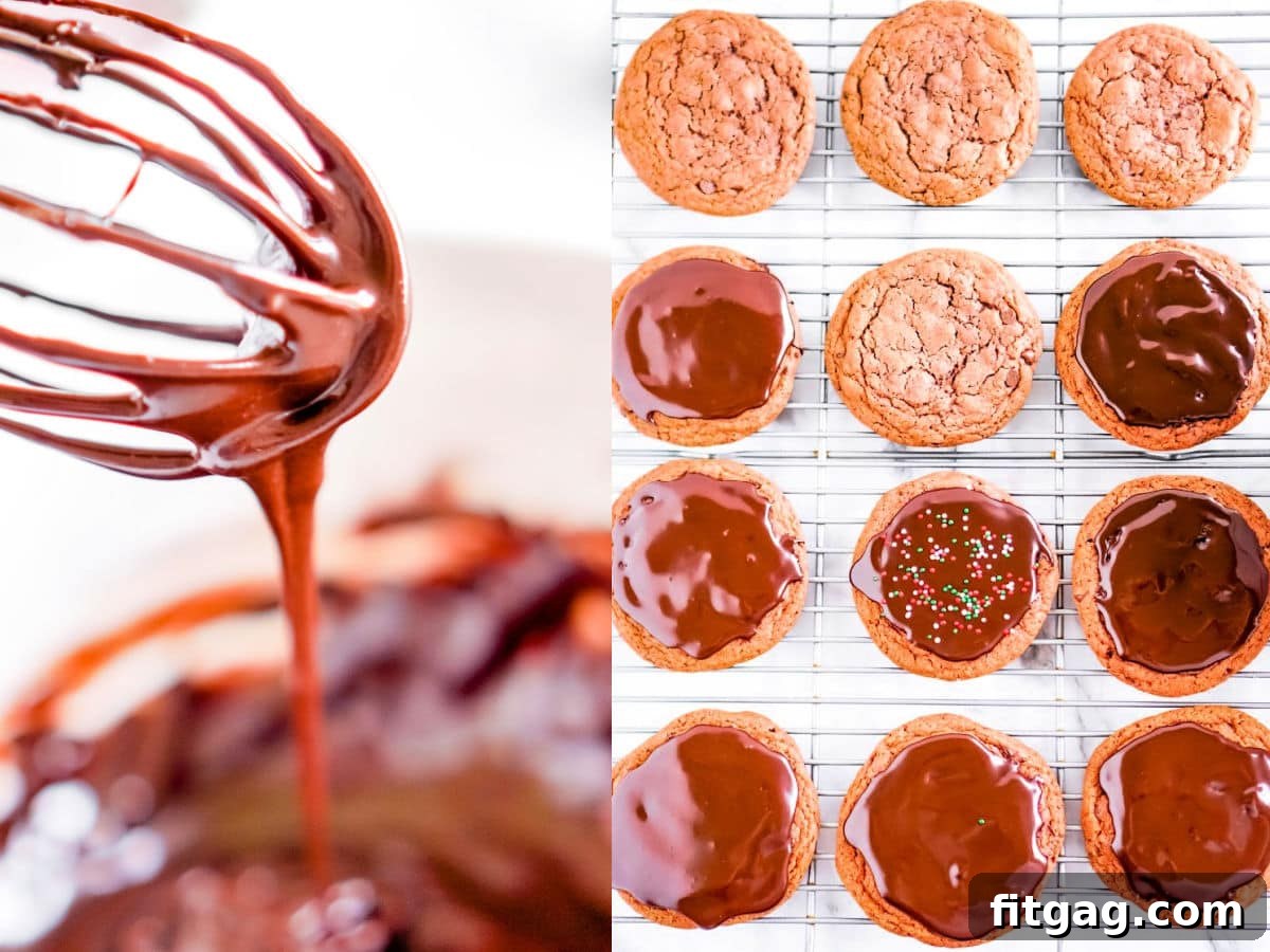 A two-image collage: one showing chocolate glaze dripping off a whisk, and the other a top-down view of chocolate cookies on a rack, with some already glazed.