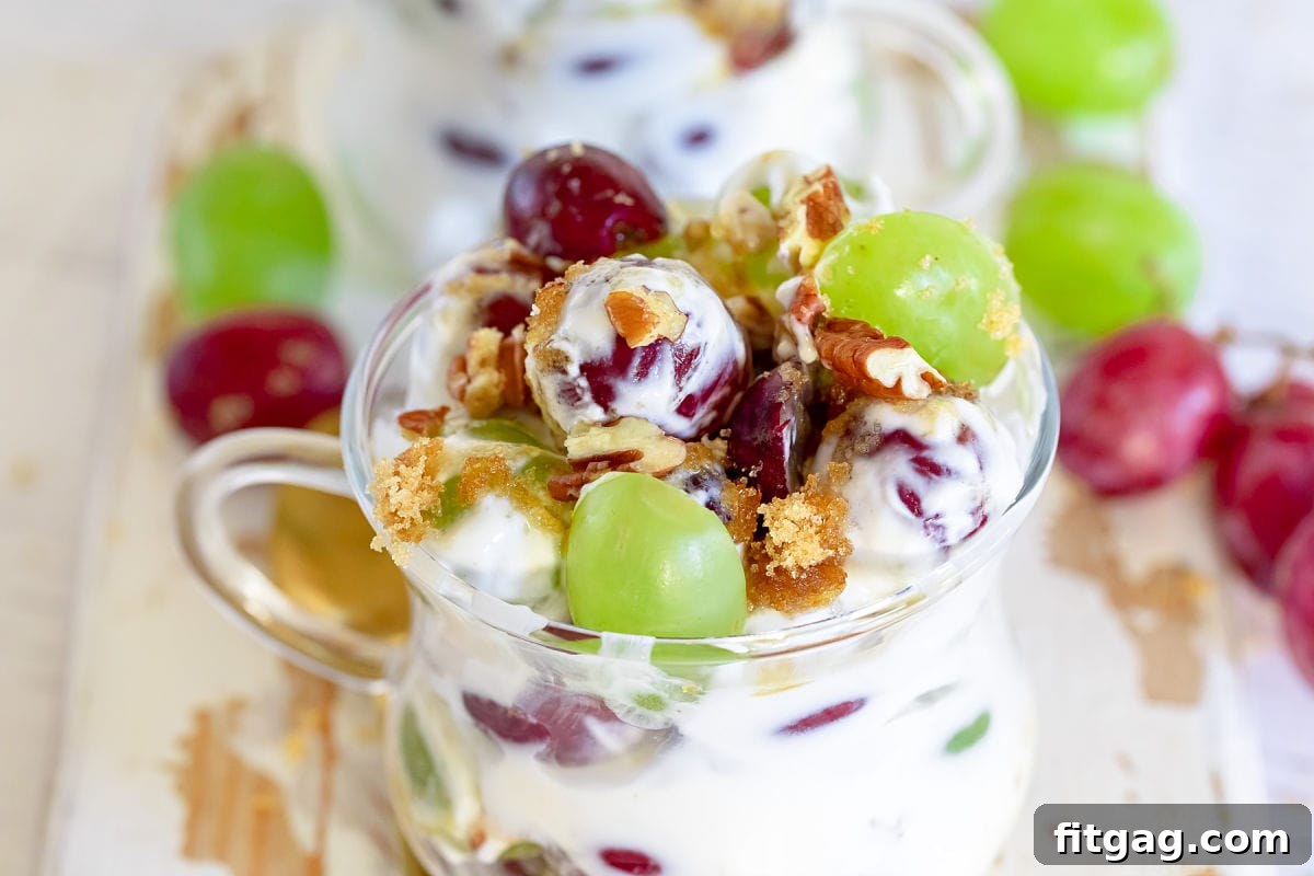 Creamy Grape Crunch 4 close up look at grape salad in clear small tea cup