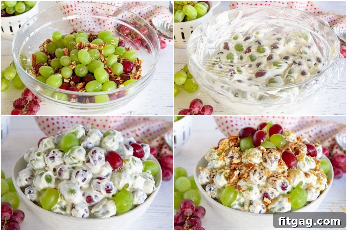 Creamy Grape Crunch 5 4 image collage showing how to make a grape salad
