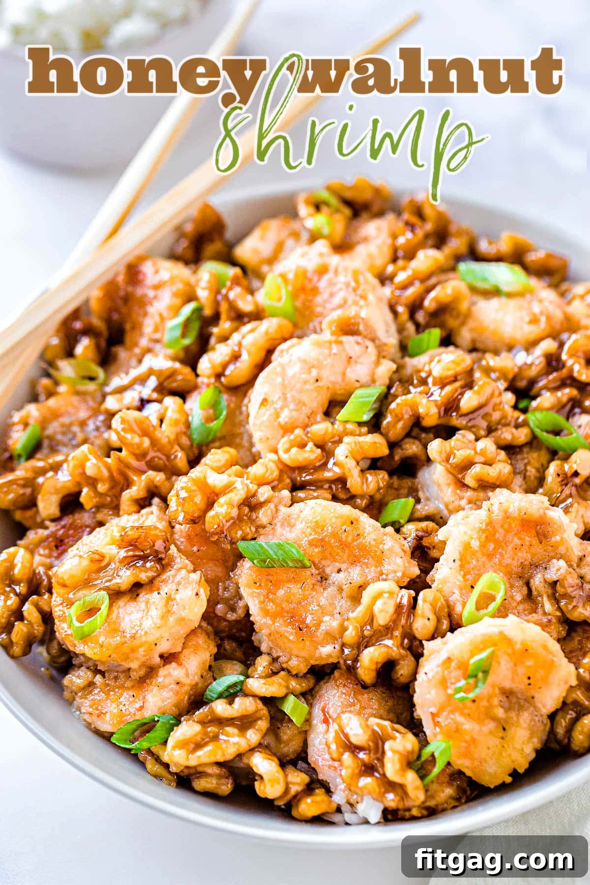 Honey Walnut Shrimp in a white bowl, garnished with fresh green onions, with chopsticks resting on the side. The image is styled with a title overlay.
