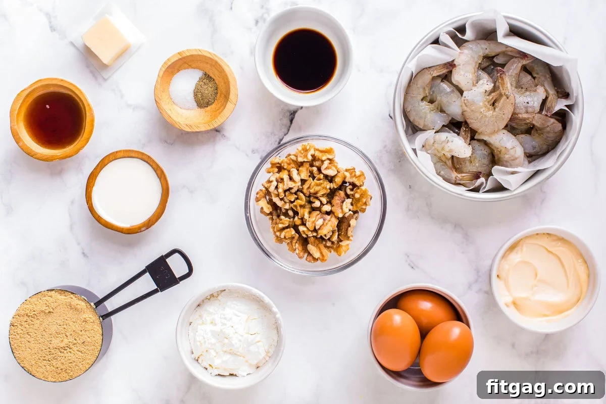 Top-down view of all ingredients for Honey Walnut Shrimp meticulously measured out into small bowls and containers on a rustic wooden surface.