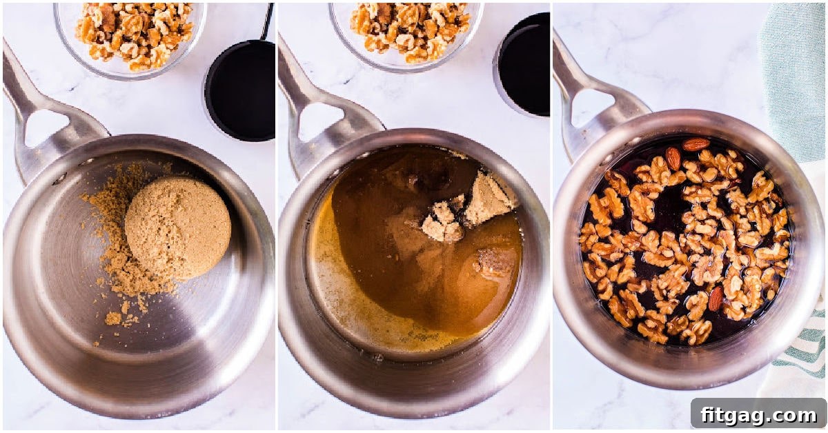 A three-image collage illustrating the step-by-step process of making candied walnuts for Honey Walnut Shrimp, from boiling to cooling.