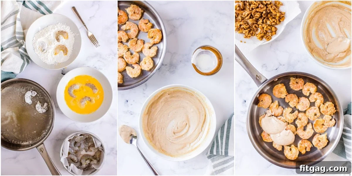 A three-image collage demonstrating the key stages of making Honey Walnut Shrimp, including breading the shrimp, preparing the sauce, and combining all components.