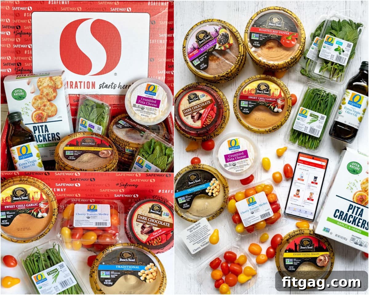 A two-image collage: one showing a Safeway box filled with various Boar's Head hummus flavors and other fresh ingredients, and the other displaying a flat lay of the same products neatly arranged on a table.