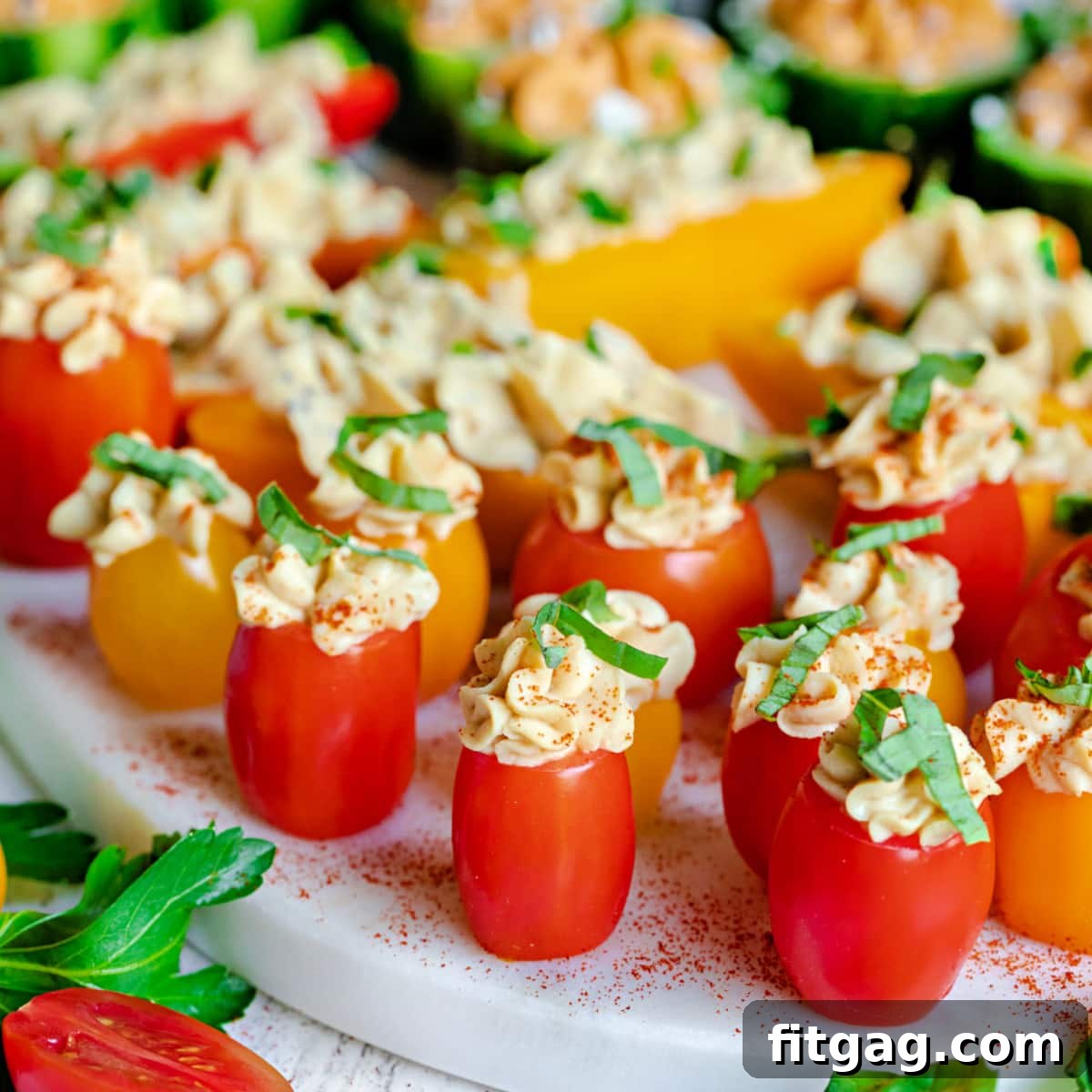 A close-up shot of individual hummus stuffed cucumber cups, cherry tomatoes, and mini peppers, meticulously topped with fresh herbs and spices, highlighting their appetizing presentation.