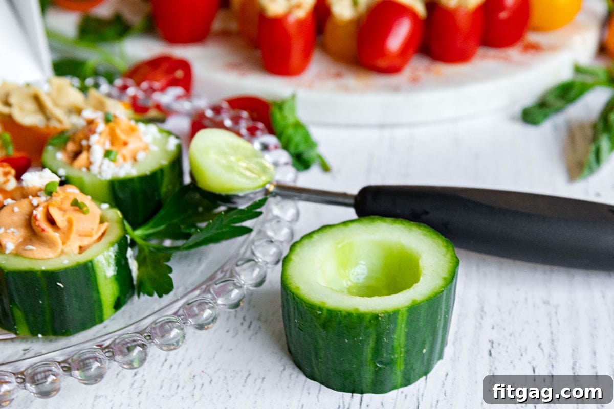 A cucumber cup with a melon baller resting beside it, set against a backdrop of a plate filled with various hummus stuffed vegetables, illustrating the preparation process.