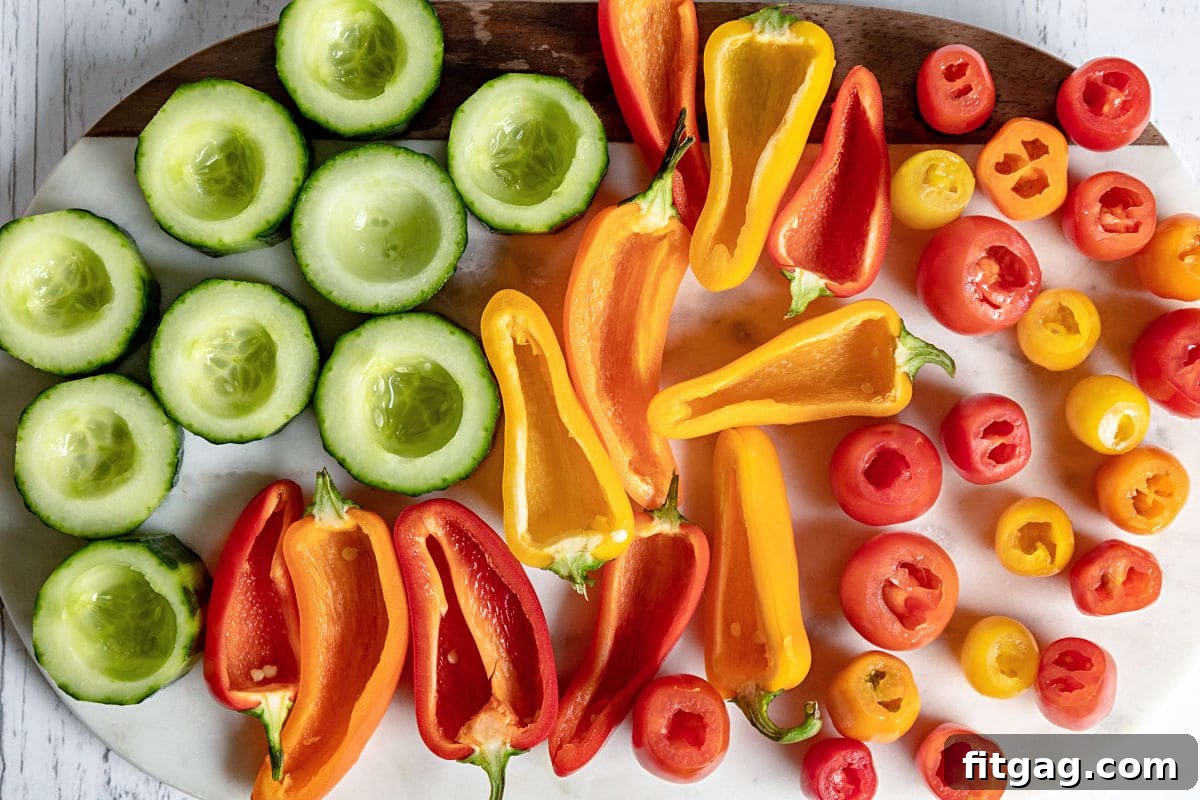 An overhead view of prepped vegetables—cucumber slices, cherry tomatoes, and mini peppers—arranged neatly, ready to be stuffed with hummus.