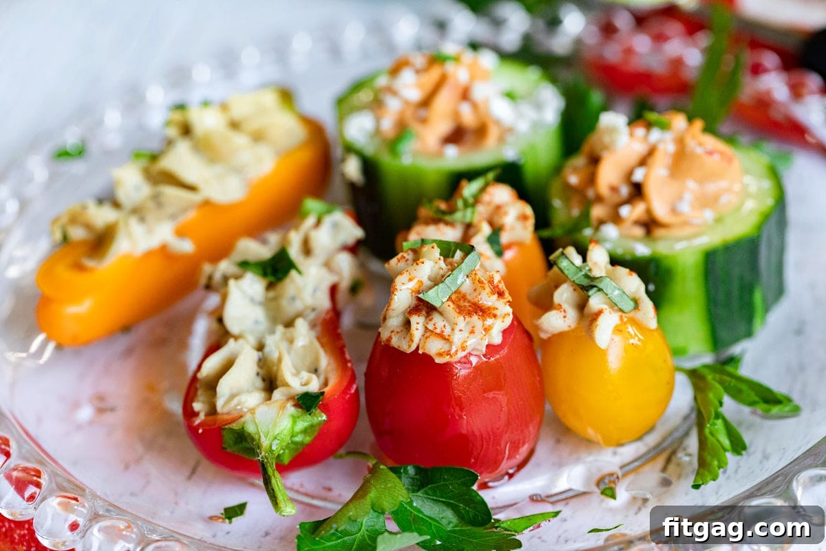 A beautifully plated assortment of hummus stuffed vegetables, glistening with a drizzle of olive oil, ready to be enjoyed as a healthy and flavorful appetizer.