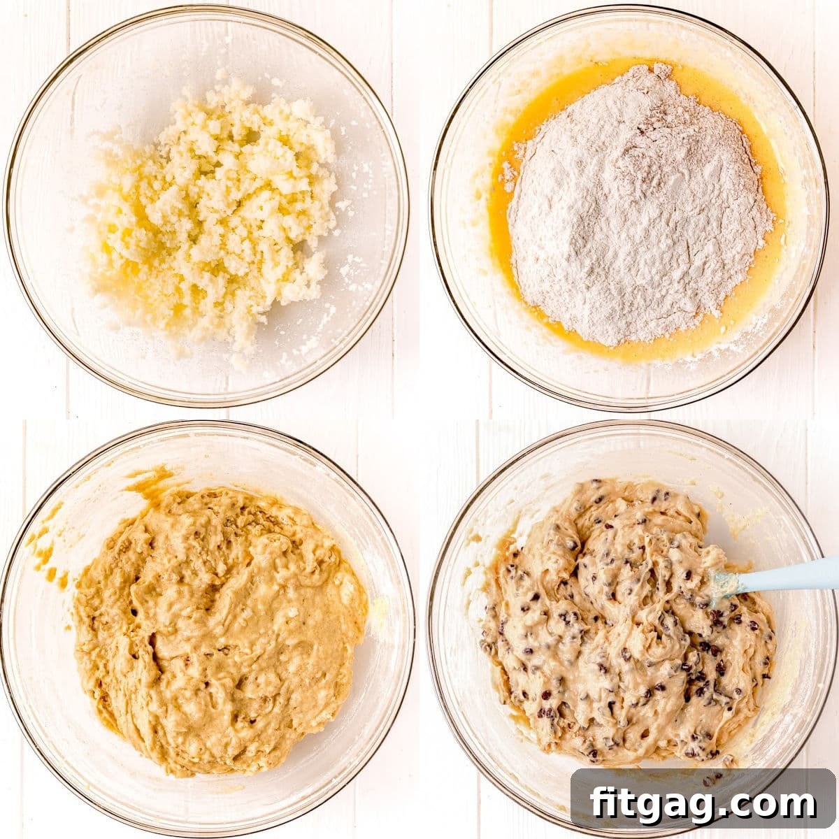 Effortless Chocolate Chip Muffins 7 A four-image collage vividly illustrating the step-by-step process of mixing muffin batter, from dry ingredients to the final chocolate chip studded mixture.
